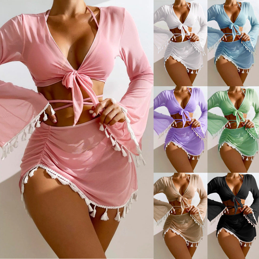 4-Piece Bow Tie Fringed Tassel Swimsuit Cover Up and Bikini Set