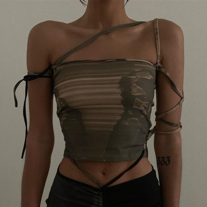 Retro Dark Green Shoulder Sling Tank Top Blouse