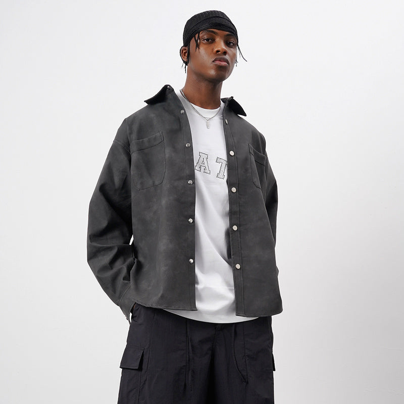 Retro Washed-Out PU Leather Button Up Shirt