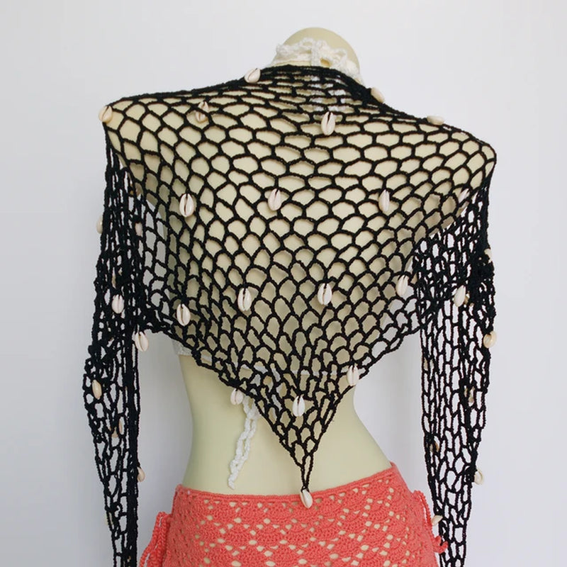 Triangle Shawl with Seashell Net Bikini Cover Up
