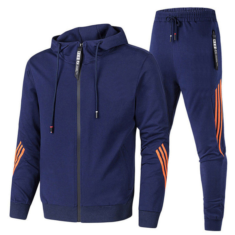 Men's Striped Hooded Leisure Sports Sweatsuit Set