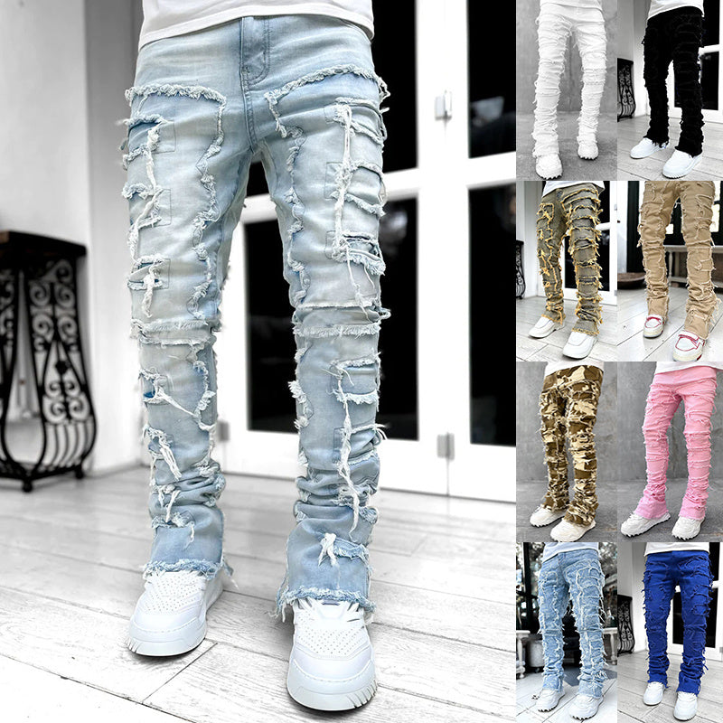 Men's Patchwork Stacked Fitted Jeans