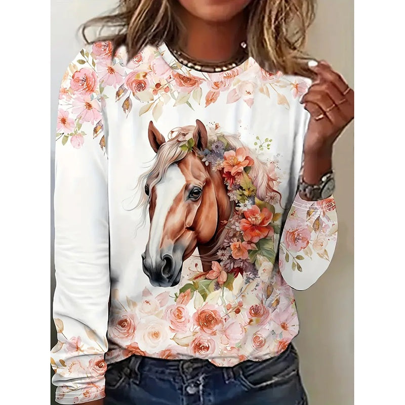 Women's Cute Horse Printed Floral Crewneck Long Sleeve Sweatshirt