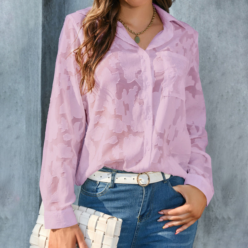 Women's Sheer V-Neck Jacquard Button Pocket Shirt