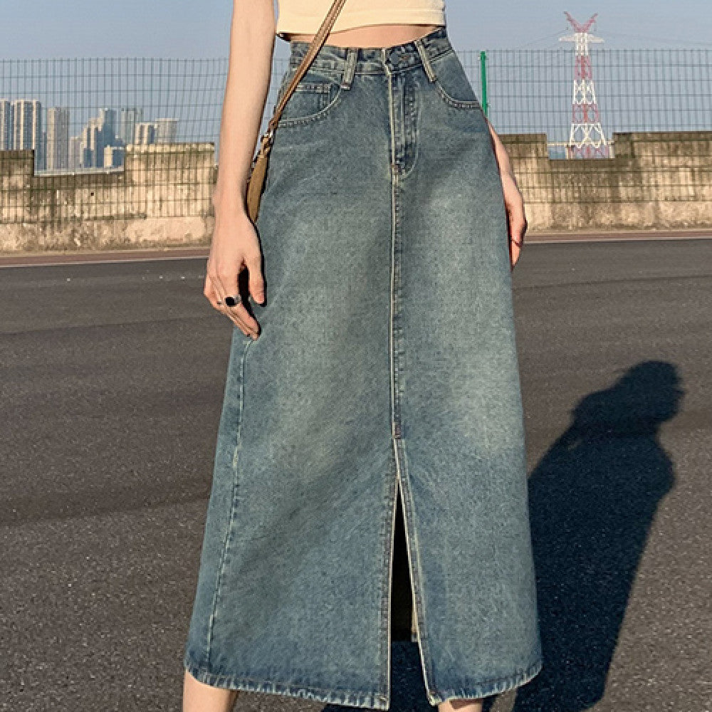 Classic Retro Y2K High-Waisted Split Denim Long Skirt