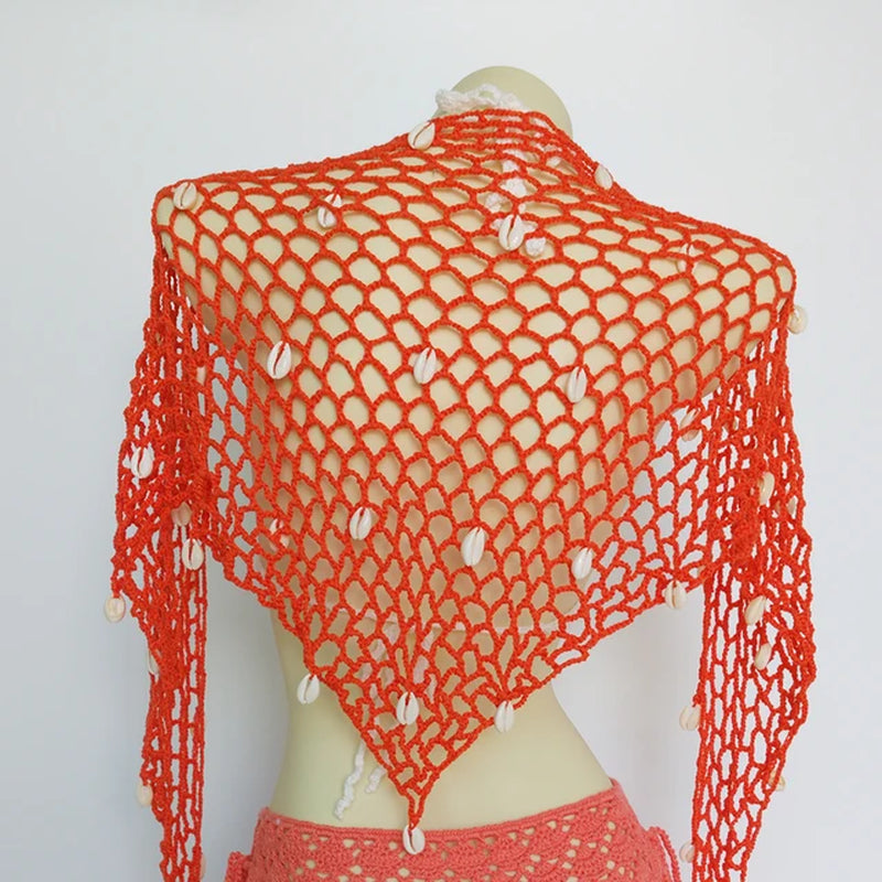 Triangle Shawl with Seashell Net Bikini Cover Up