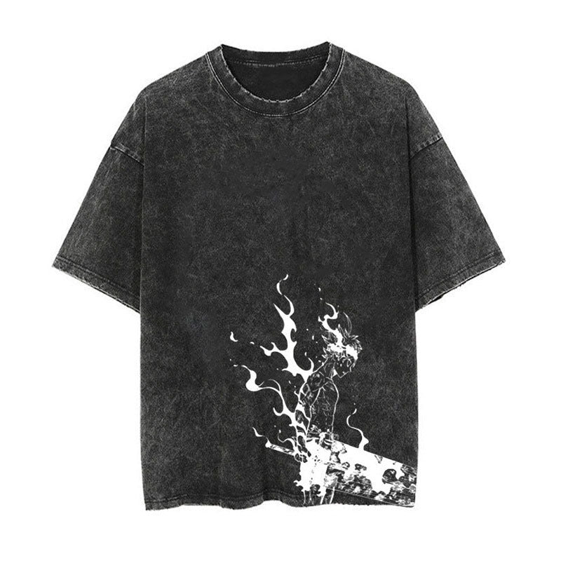 Washed Distressed Vintage Anime Print Loose Short- Sleeve T-Shirt