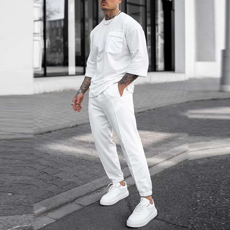 Men's Mid-Sleeve Pocket Shirt and Trousers All White Two-Piece Set