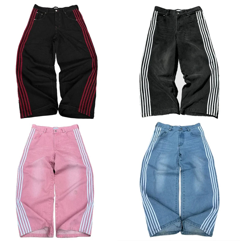 A collection of striped baggy jeans for men and women available in different colors, displayed in a collage format.