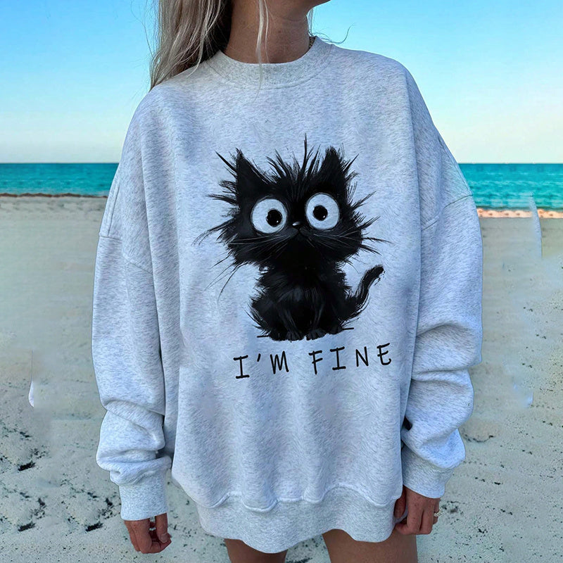 Women's "I'm Fine" Kitten Graphic Long-Sleeve Crewneck Pullover Sweater