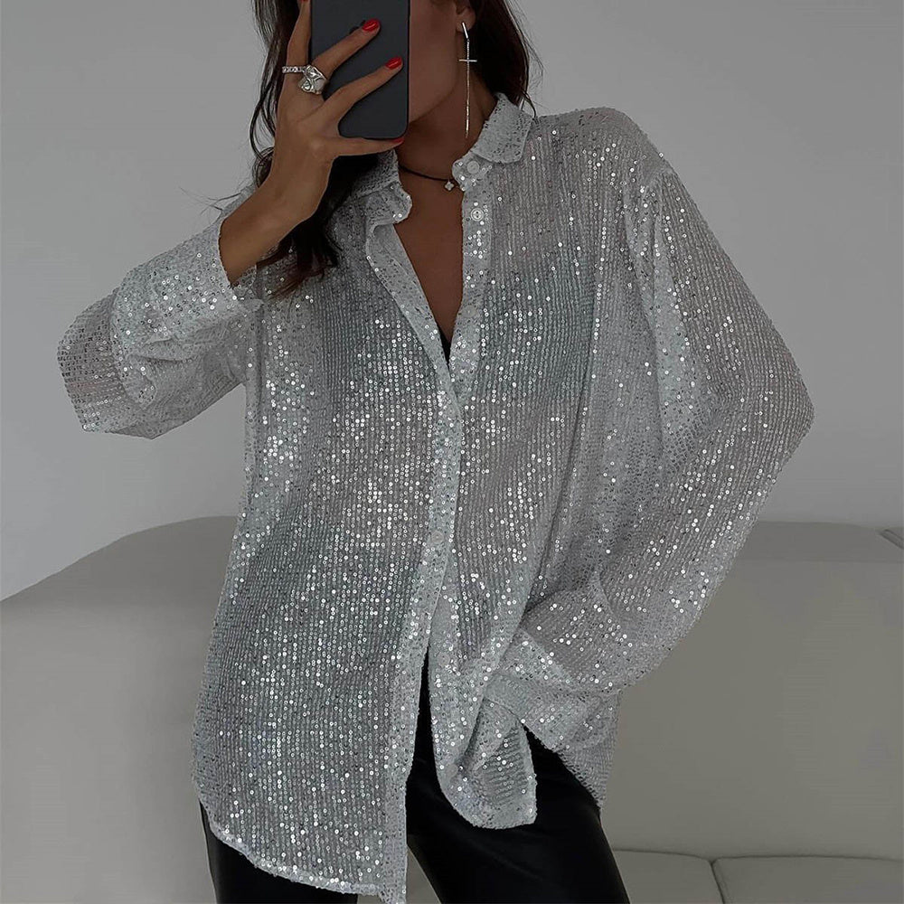 Women's Transparent Long-Sleeve Sequin Button Shirt