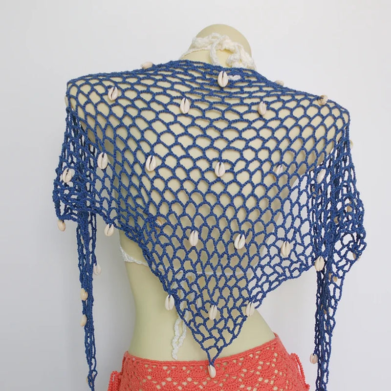 Triangle Shawl with Seashell Net Bikini Cover Up