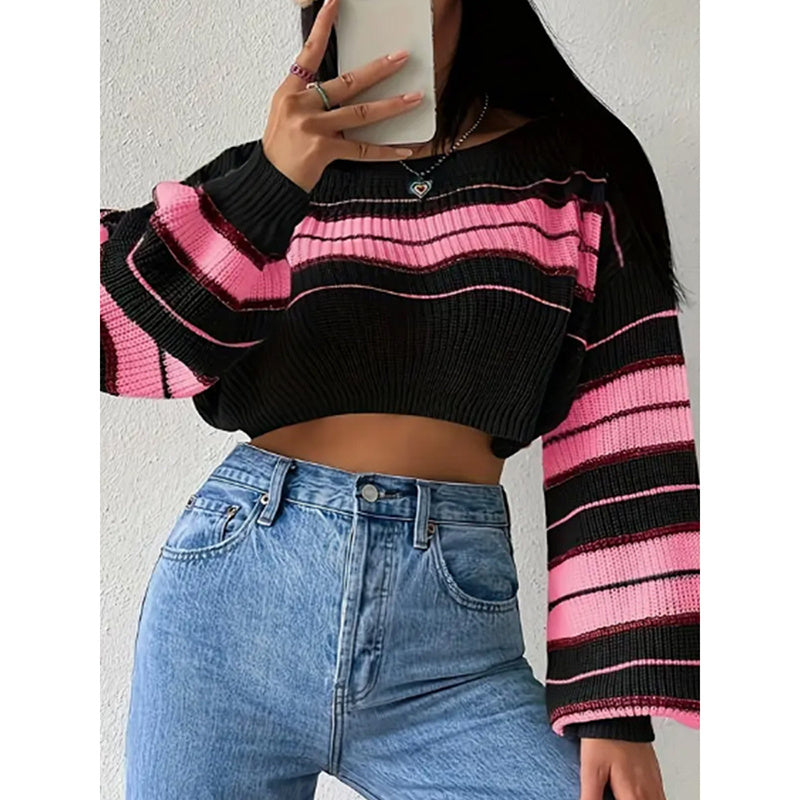 Women's Color Block Striped Sweater Crew Neck Lantern Sleeve Cropped Pullover Top