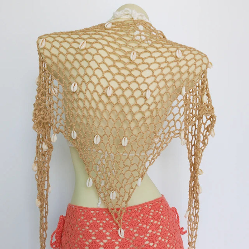 Triangle Shawl with Seashell Net Bikini Cover Up
