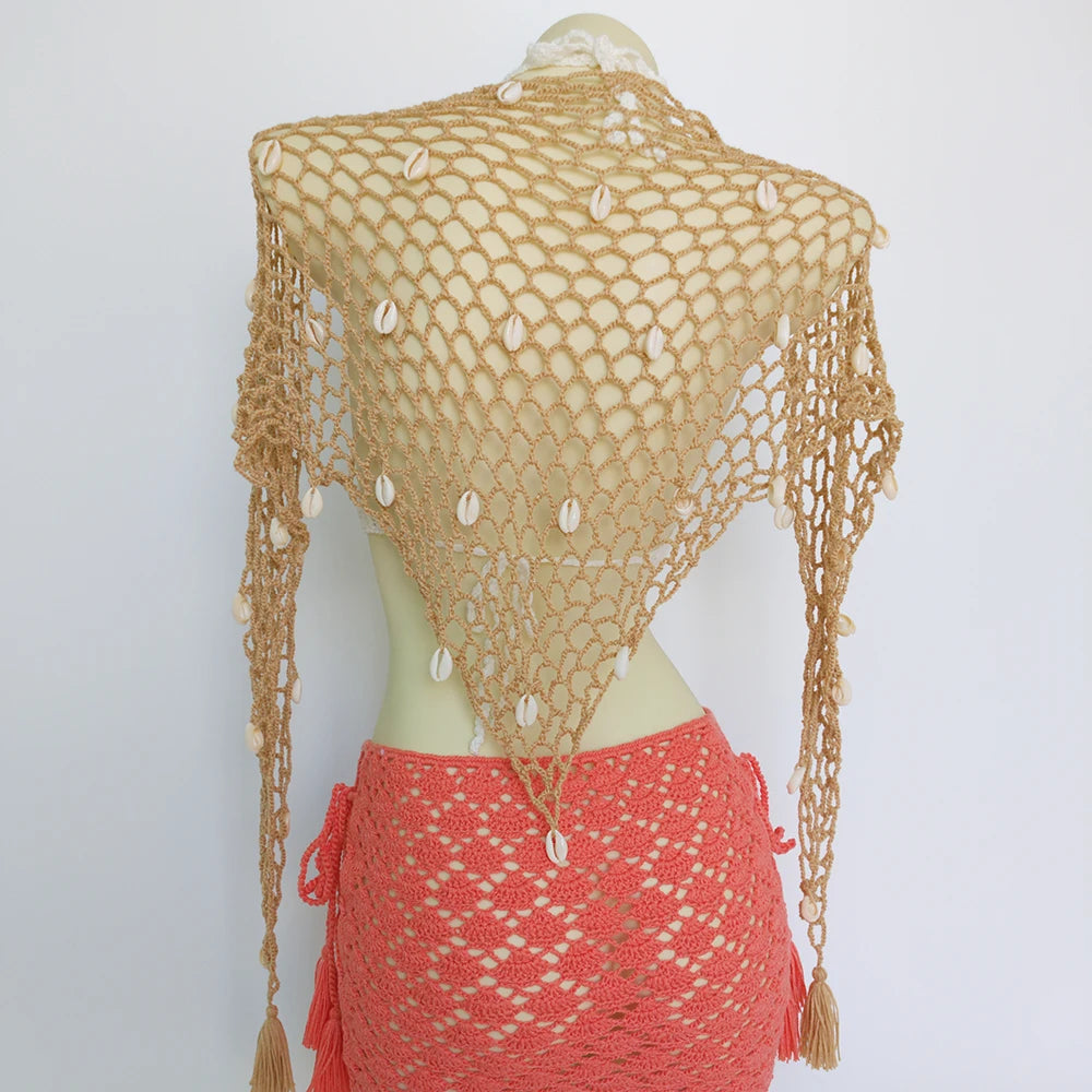 Triangle Shawl with Seashell Net Bikini Cover Up