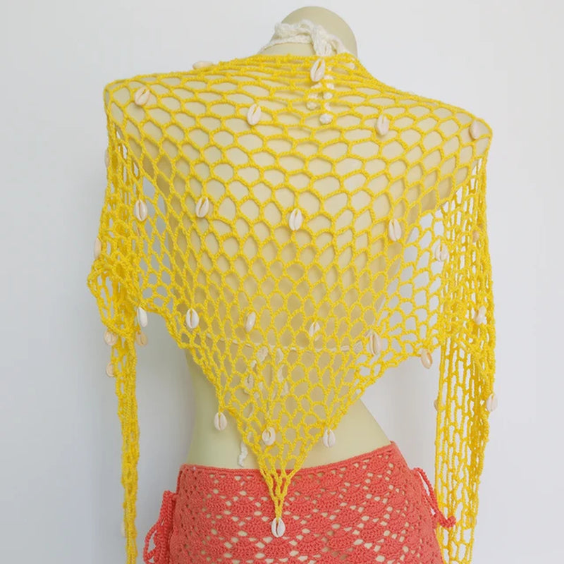 Triangle Shawl with Seashell Net Bikini Cover Up