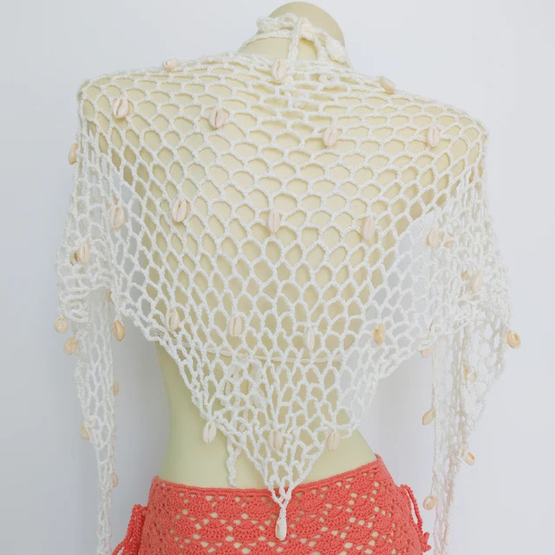 Triangle Shawl with Seashell Net Bikini Cover Up