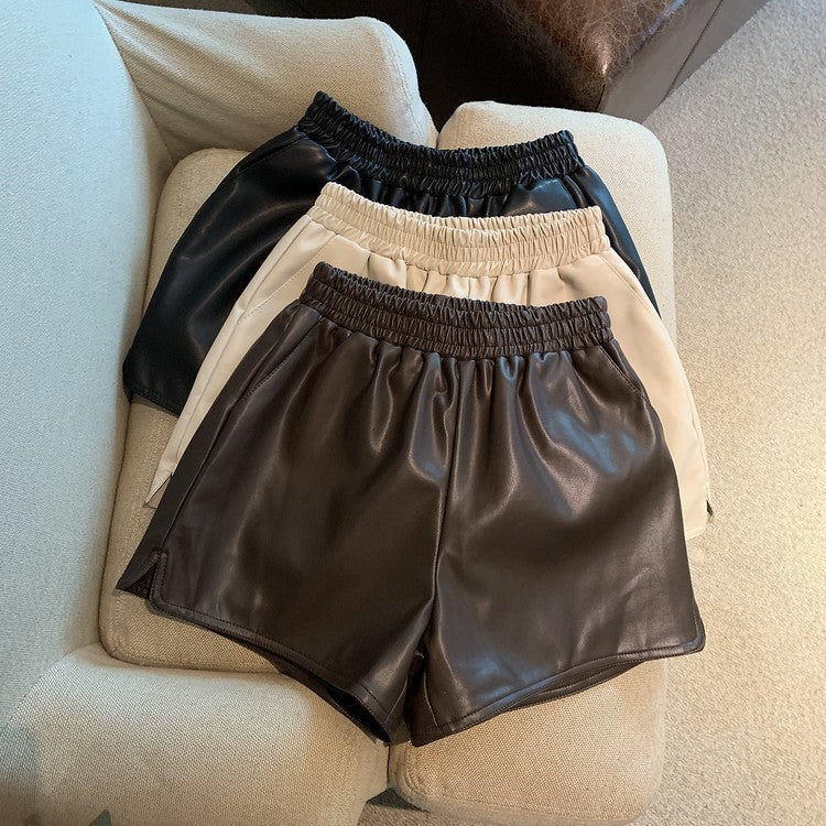 PU Leather High Waist Loose Split Casual Shorts
