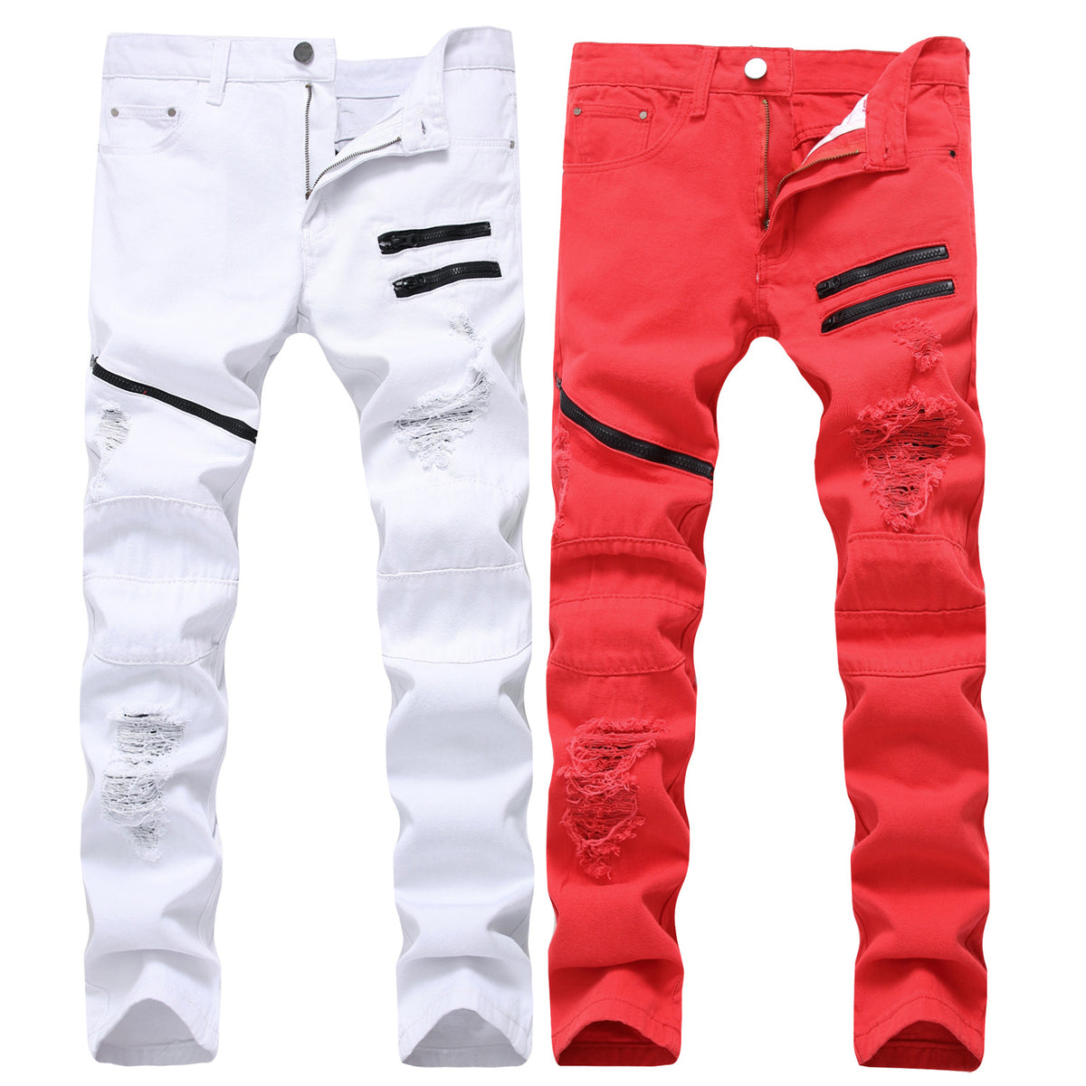 A pair of skinny jeans with a zippered front, available in two colors: white and red. The jeans have a high-waist design and are adorned with details such as ripped knees and thighs, designed for a casual, streetwear look.