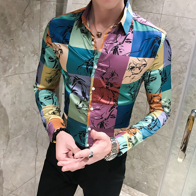 Fashionable Silk Portrait Line Art Slim Button Up