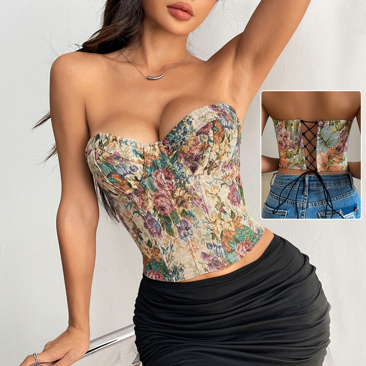 Y2K Floral Print Tube Vest Top Corset Back-Tied Design