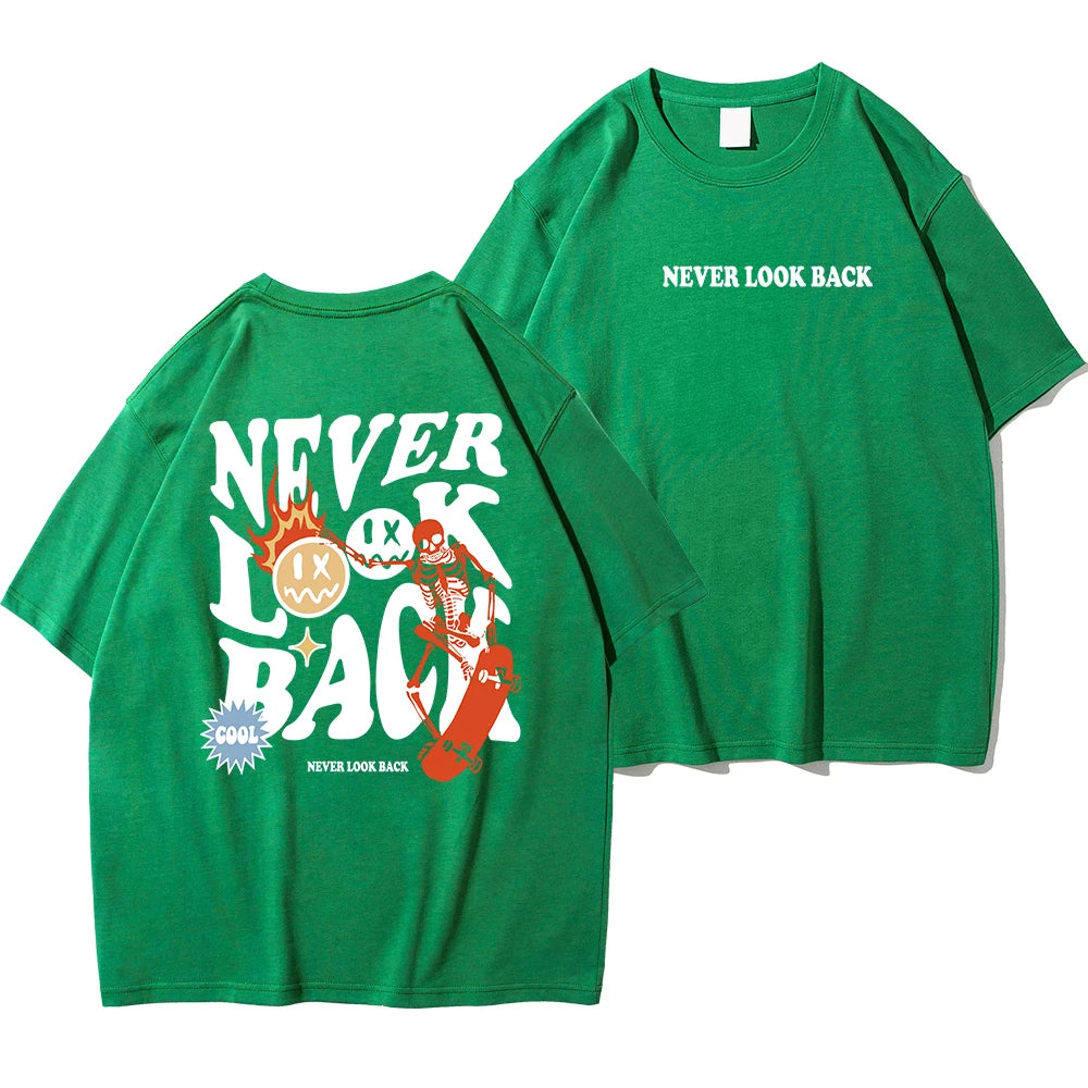 Never Look Back Cartoon Skeleton Crewneck Loose Tee