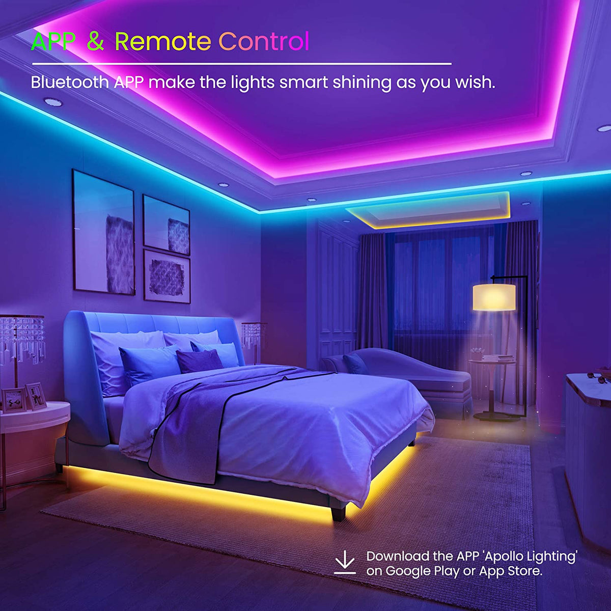 "Colorful 50 FT Bluetooth LED Strip Lights with Music Sync and Remote Control"