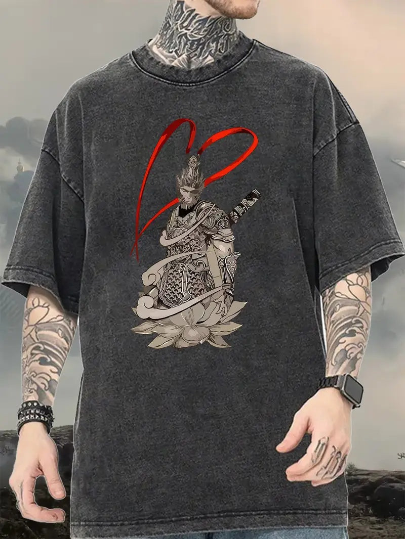 Men's Washed Monkey King Anime Heart Graphic T-Shirt