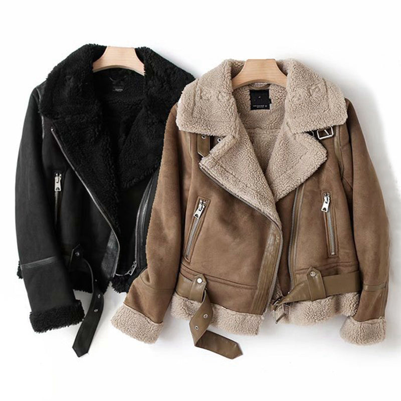 Women's Suede Lamb Wool Lapel Motorcycle Jacket