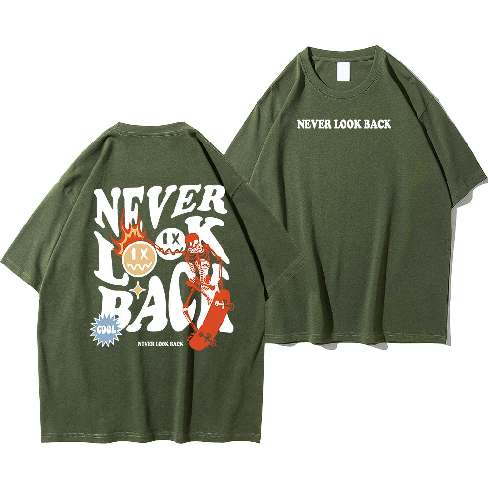 Never Look Back Cartoon Skeleton Crewneck Loose Tee