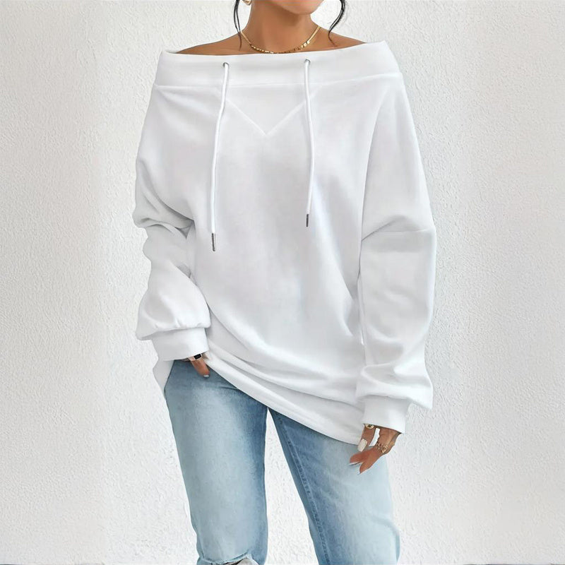 Women's Plus Size Solid Color Off-Shoulder Long Sleeve Pullover With Drawstring - Casual Ribbed Detail Top