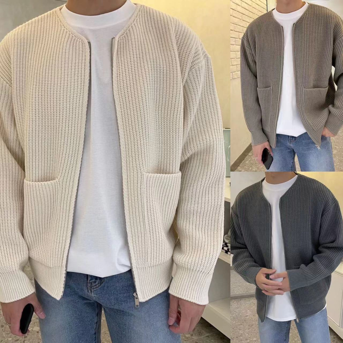 Men's Line Knitted Zipper Pocket Cardigan