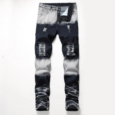 Two-toned color faded wrinkled jeans