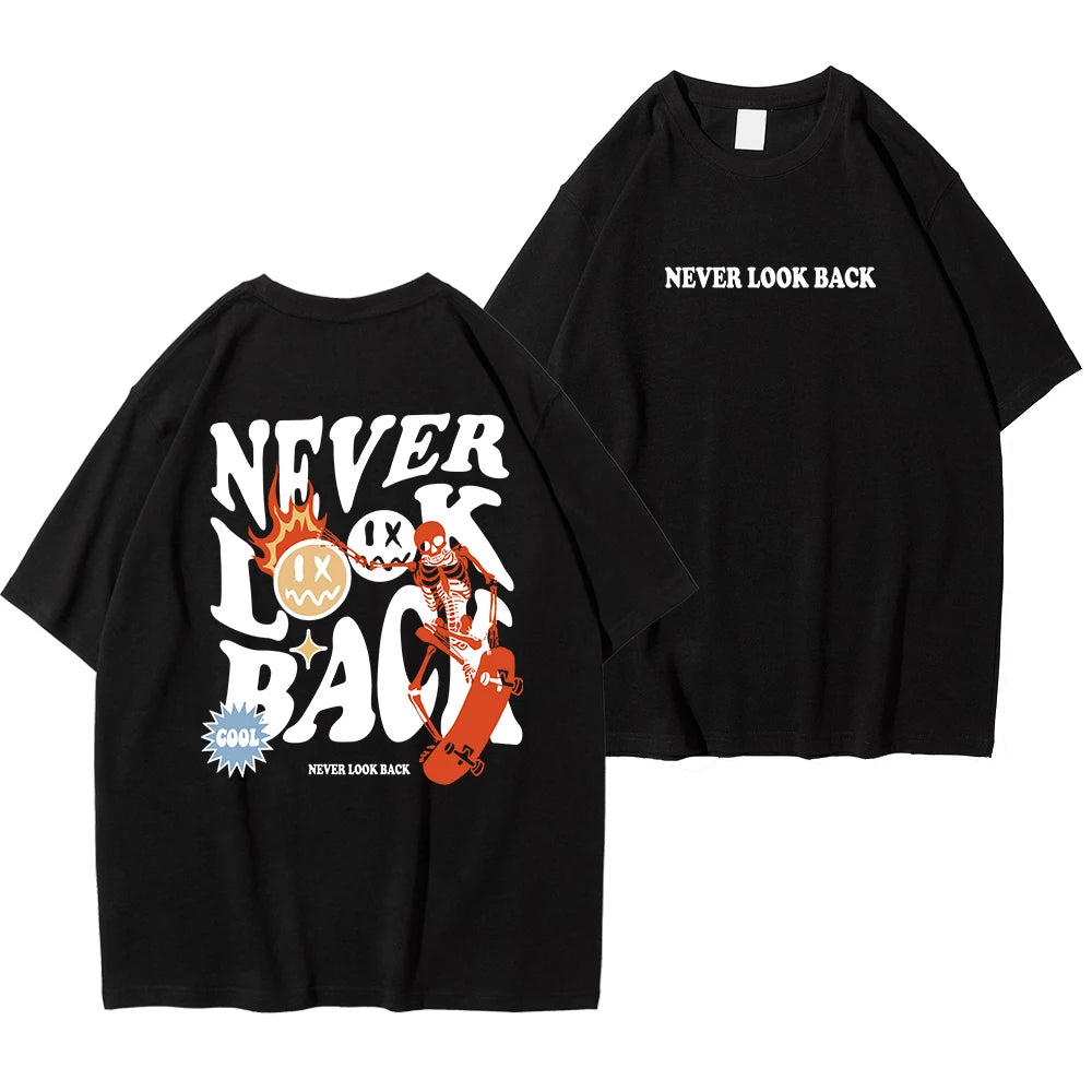 Never Look Back Cartoon Skeleton Crewneck Loose Tee