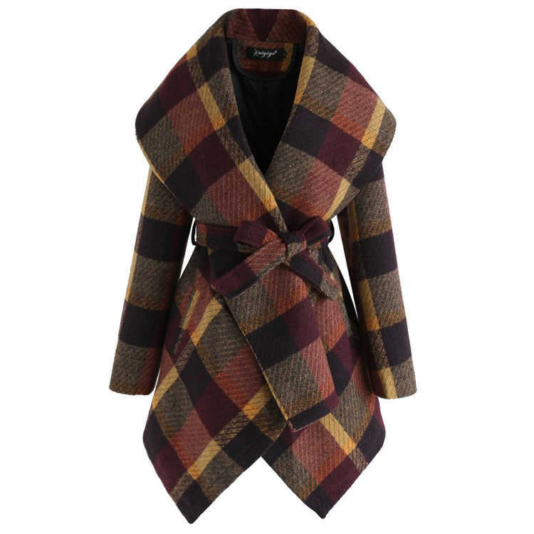 Thickened Irregular Twist-Tie Plaid Coat