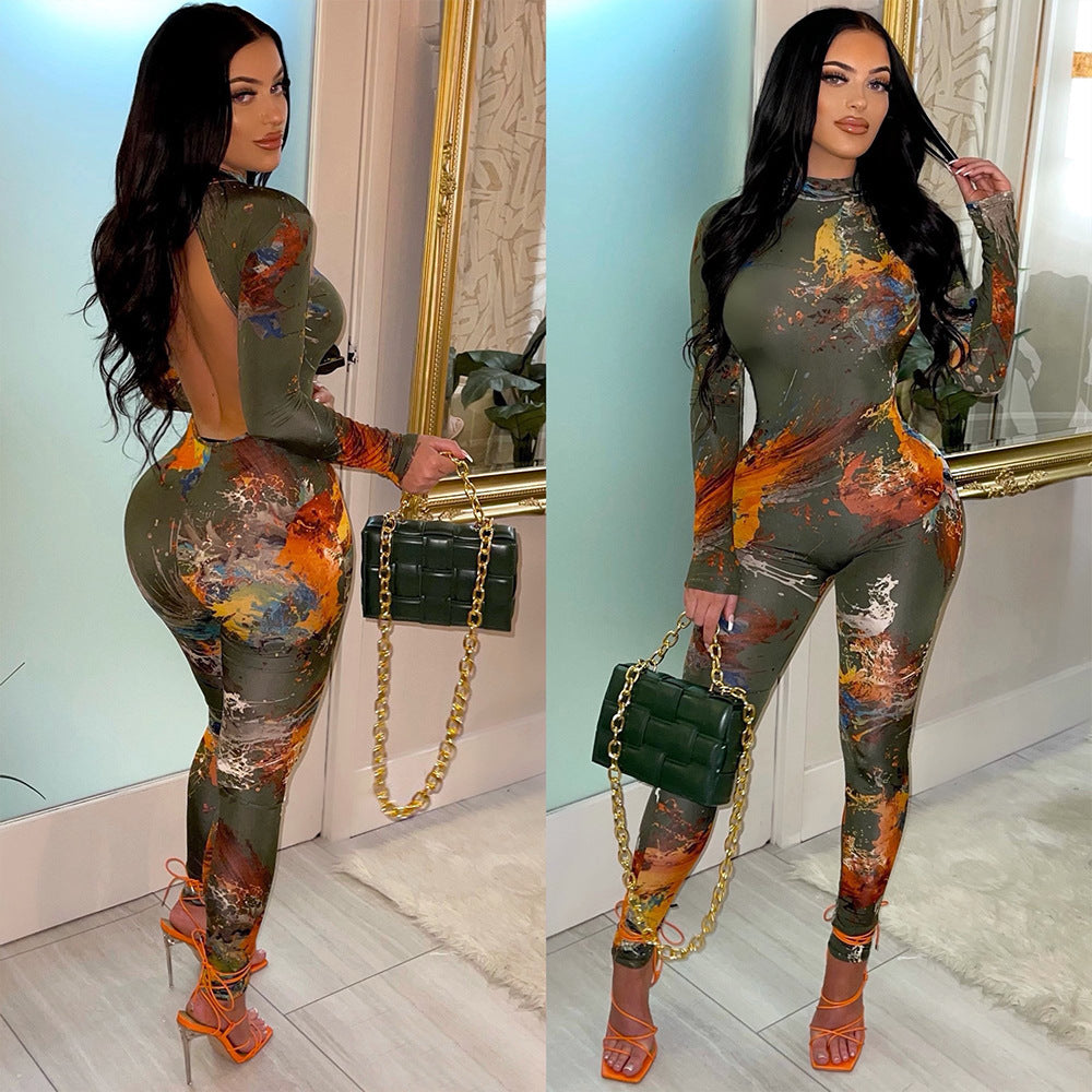 One-Piece Splashed Paint Open Back Cutout Muse Jumpsuit