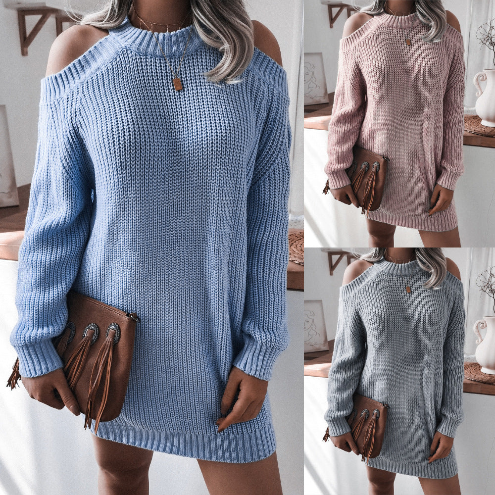 Knitwear Exposed Shoulder Full Body Sweater Dress