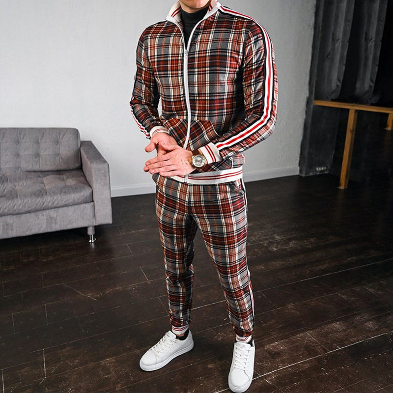 Men's Plaid Prints Slim Fit Zip Jacket and Pants Set