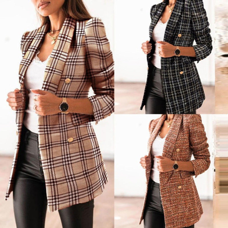 Checkered Double Breasted Blazer Collar Coat