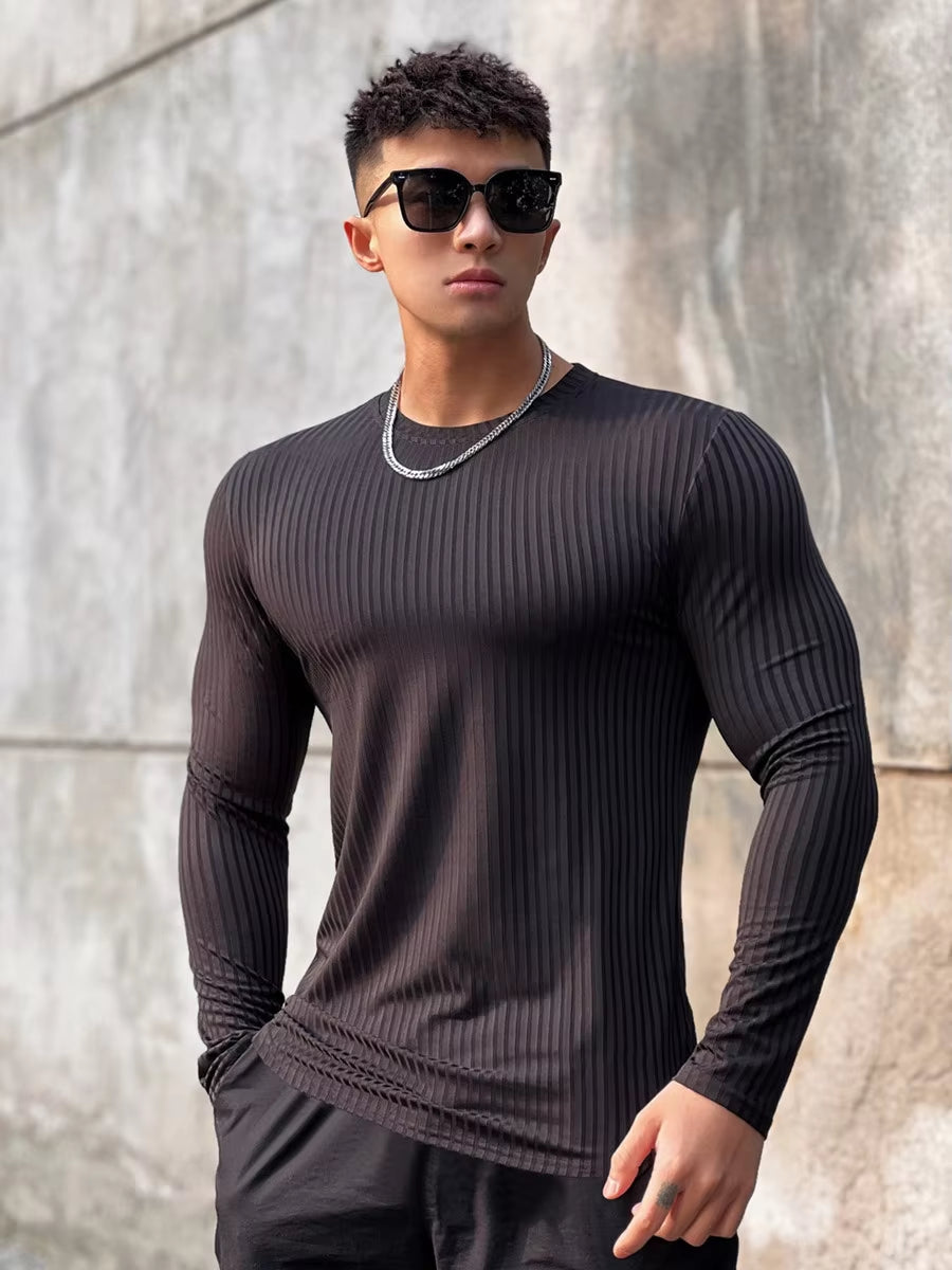 Ribbed Quick-Dry Fitness Casual Long Sleeve Shirt