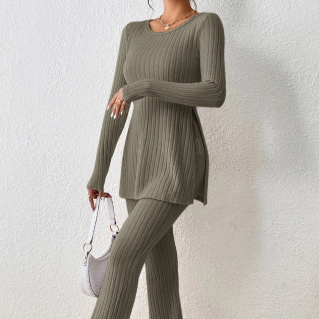 Ribbed Side Slit Long Sweater Shirt and Flared Pants Set