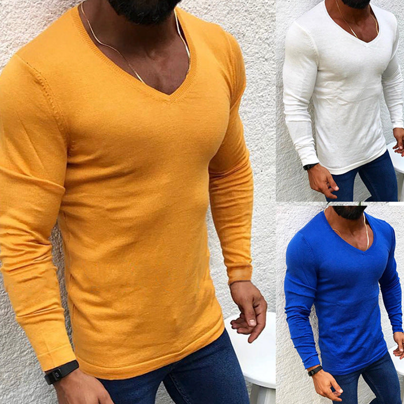 Ribbed V-Neck Long-Sleeve Pullover Shirt