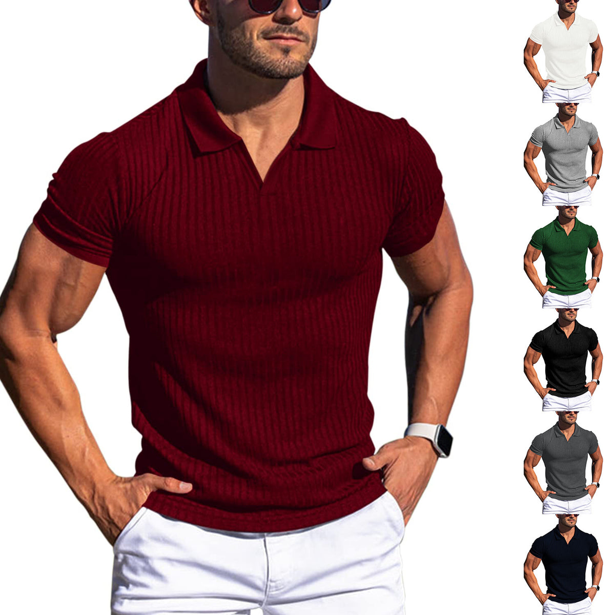 Polo Shirt Lapel V-neck Vertical Striped Short Sleeve