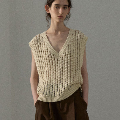 Loose Knitted Hollow Cotton V-Neck Vest