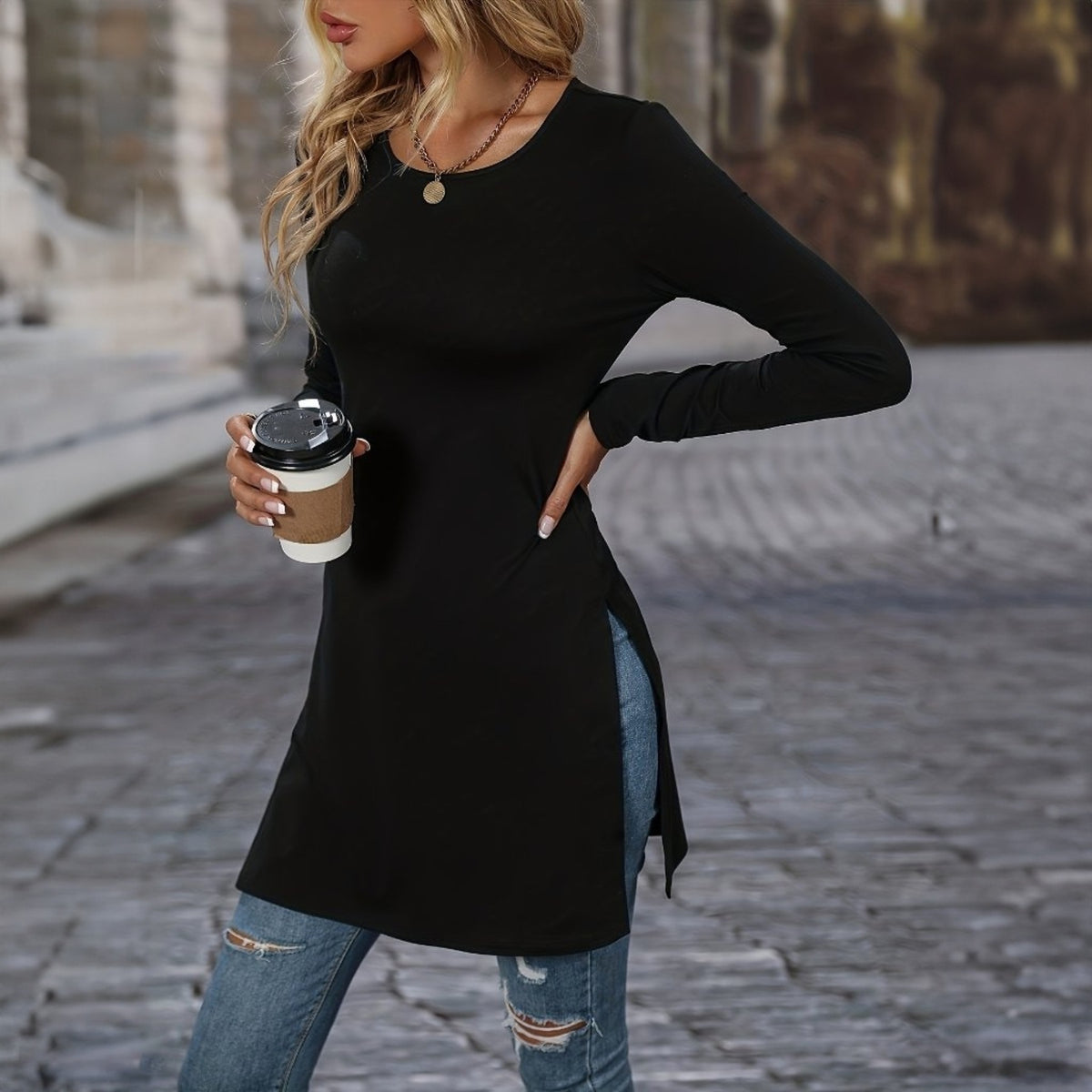 Long Sleeve Slim Fitting Side Slit T-Shirt