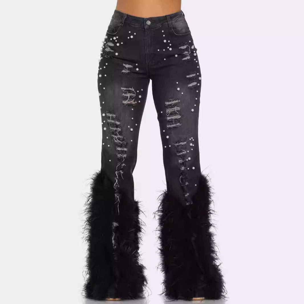 Women's Artificial Furry Wool Ripped Beaded Stretch Jeans