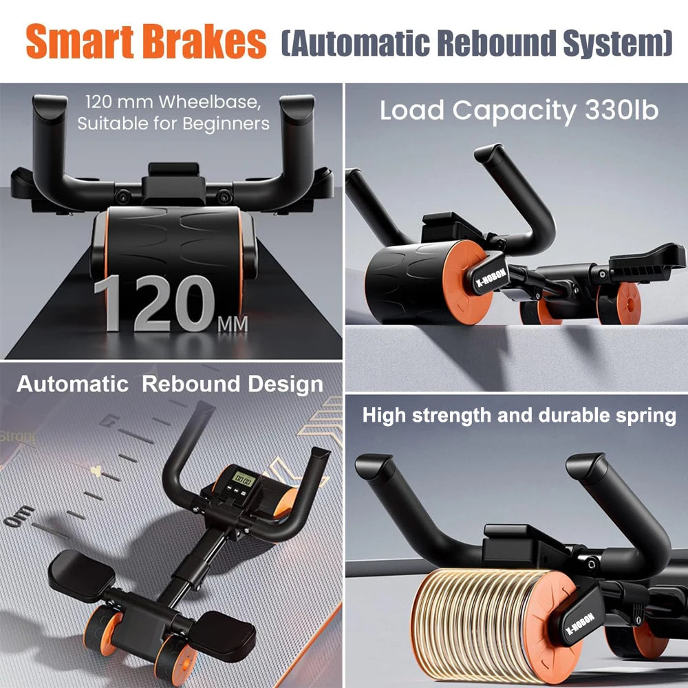 Tri-Wheel AB Roller with Elbow Support and Automatic Timer Rebound 