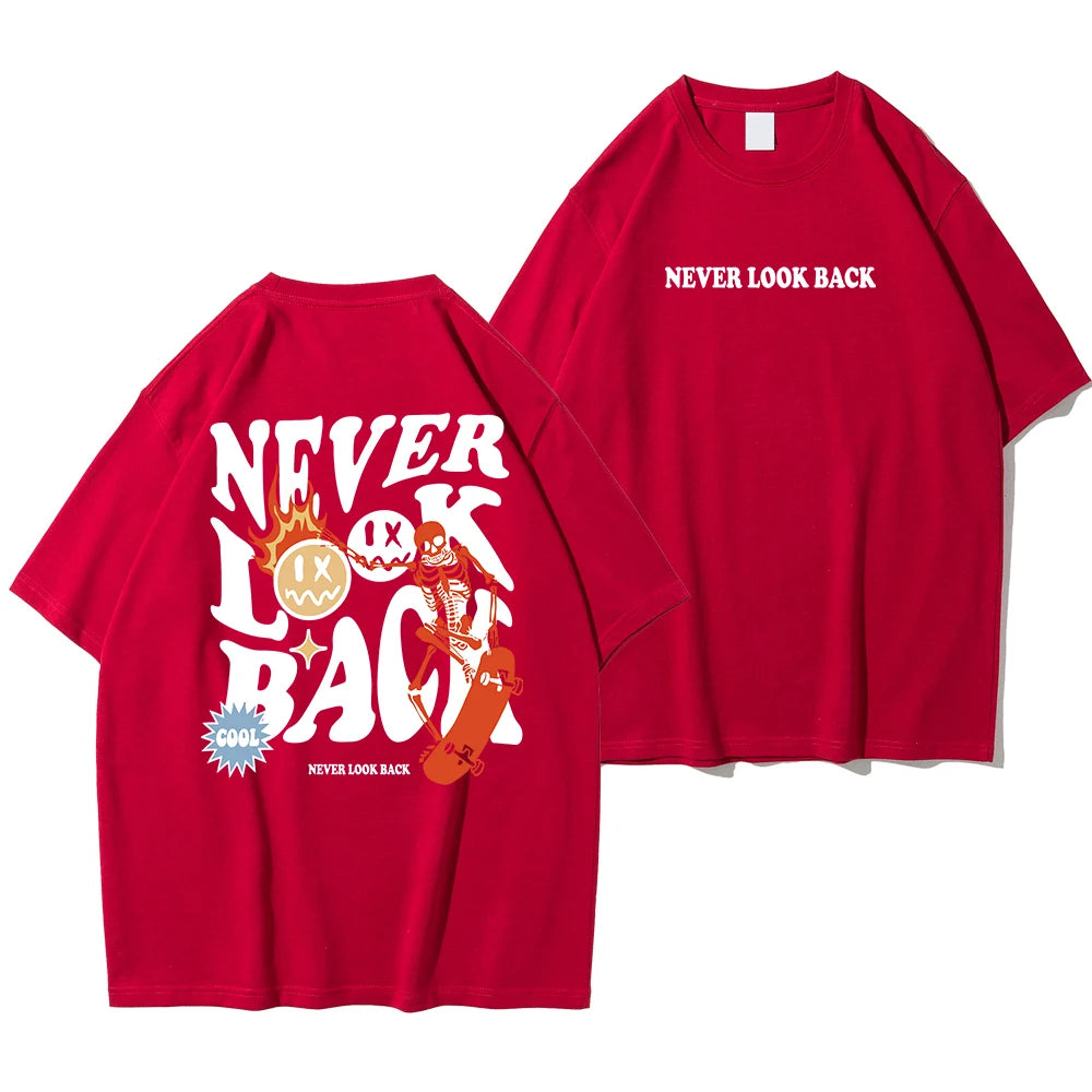 Never Look Back Cartoon Skeleton Crewneck Loose Tee