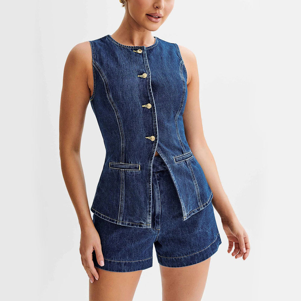 Two-Piece Denim Sleeveless Button Vest Top and High-Waist Shorts Set