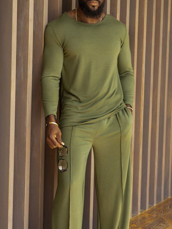 Men's Solid Green Fitted Crew Neck Long Sleeve Shirt and Wide-Leg Pants Set